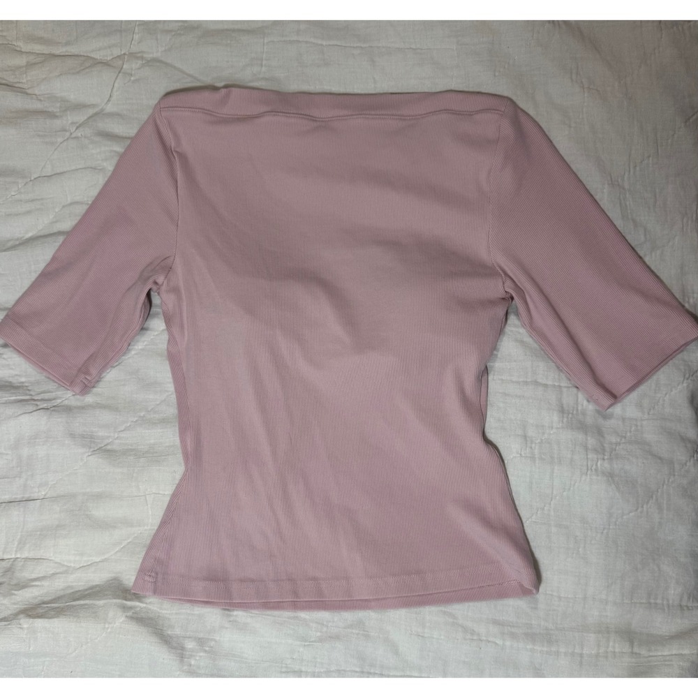 OGL Light Pink Ribbed Boat Neck Top with Built-in Bra Sz Medium Elbow Sleeve